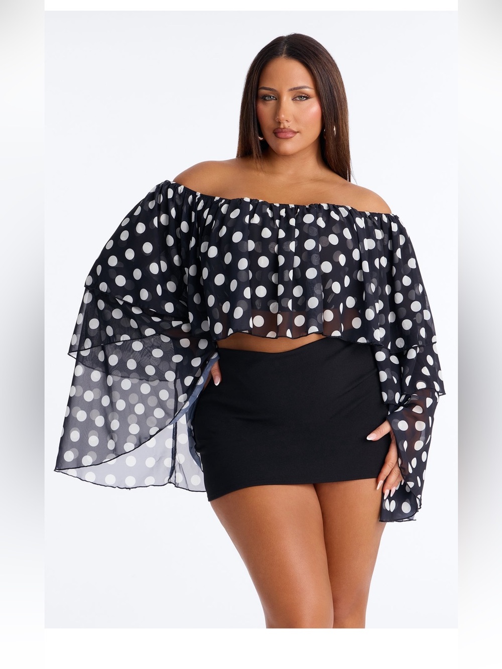 Polka Dot Glow Off Shoulder
Chiffon Top - Black/combo